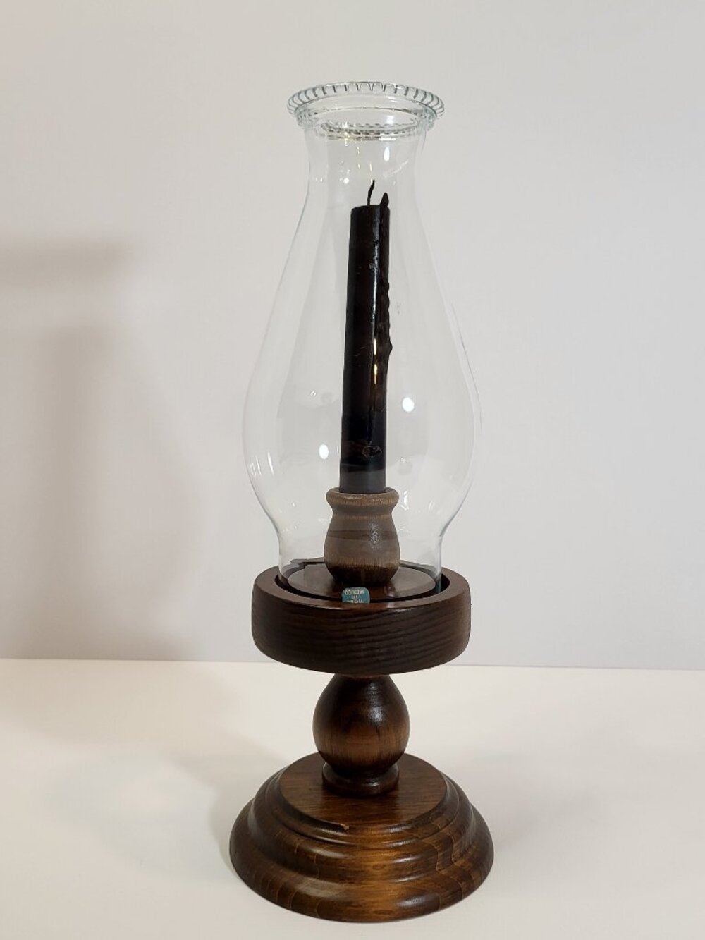 Dark Wood Hurricane Candle‎ Holder, Rustic Farmhouse Pedestal Glass Chimney